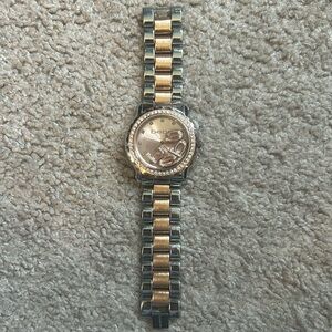 Bebe women’s vintage‎ rose gold/silver crystal floating diamond bracelet watch